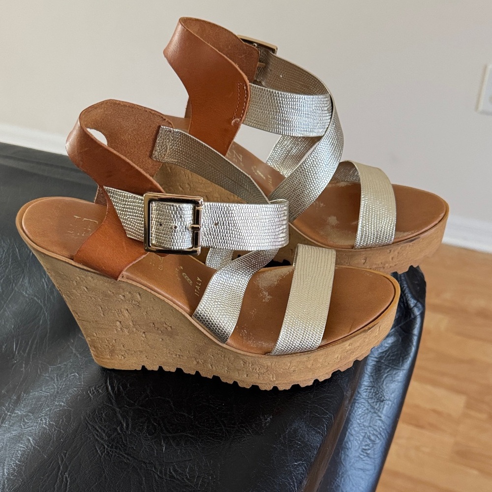 Italian Shoemakers Metallic Gold and Tan Wedge Sandals